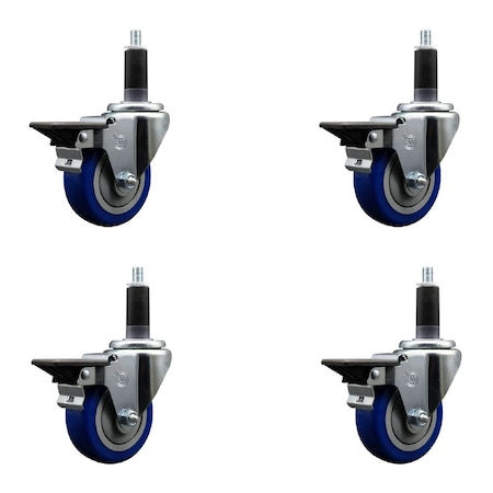 Service Caster 3.5'' Blue Poly Swivel 1-1/8'' Expanding Stem Caster Set with Brake, 4PK SCC-EX20S3514-PPUB-BLUE-PLB-118-4